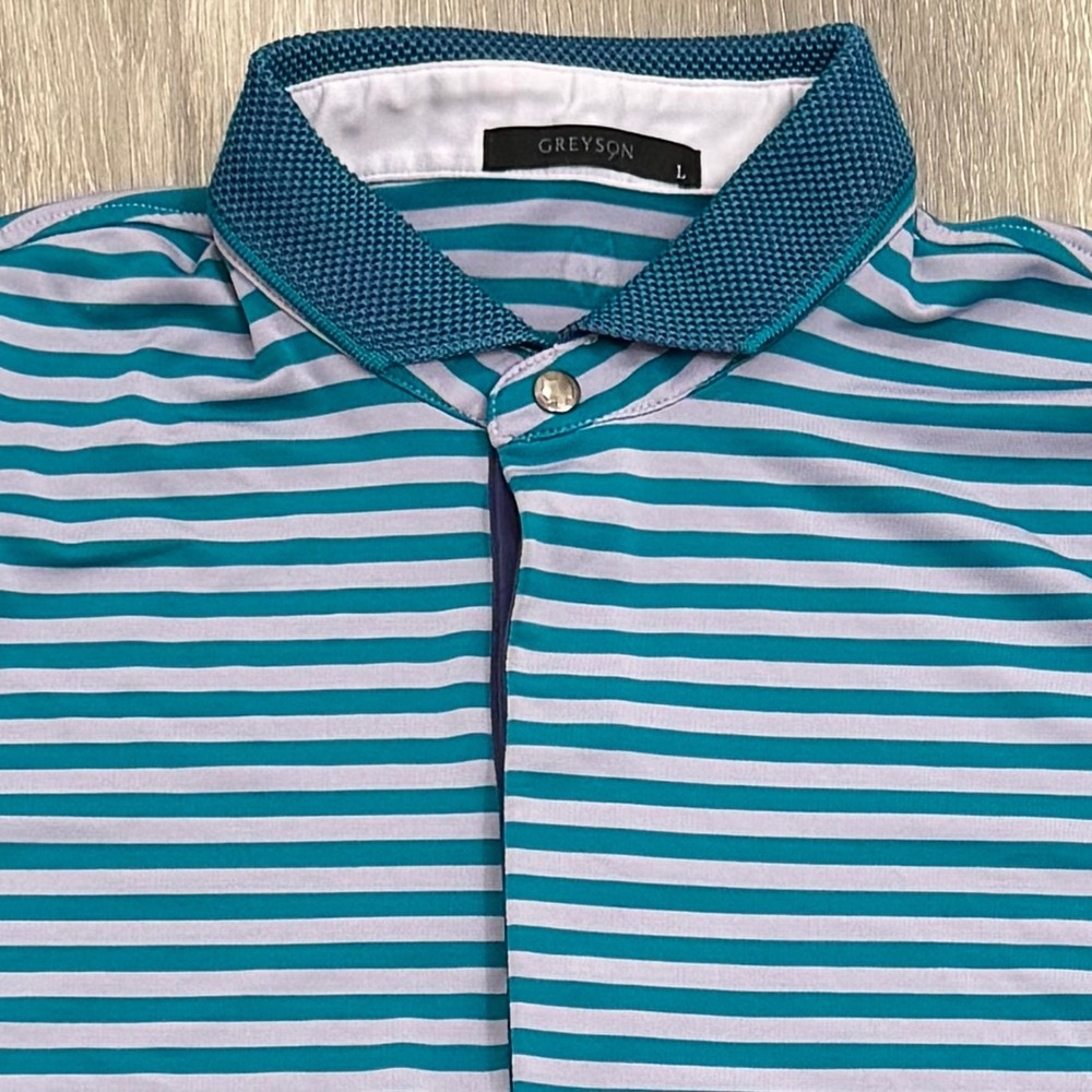 Greyson Alleghany Dewberry Golf Polo Shirt Teal Striped Men's Size Large Casual